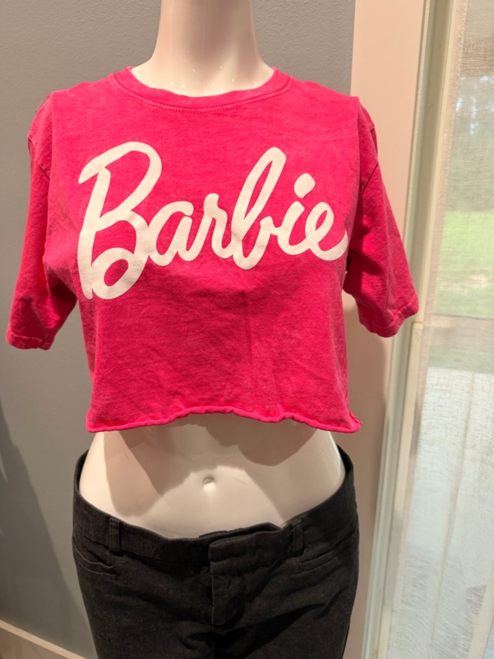 Barbie Hot Pink Cropped Logo 100% Cotton Tee Made in Mexico Raw Seam S